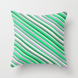 [ Thumbnail: Beige, Plum, Green, and Sea Green Colored Striped Pattern Throw Pillow ]