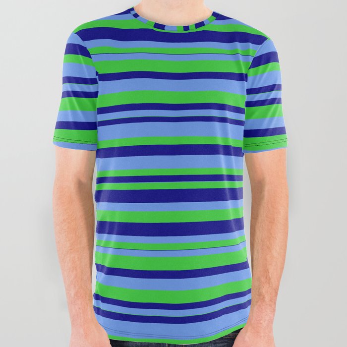 Cornflower Blue, Lime Green, and Blue Colored Striped/Lined Pattern All Over Graphic Tee