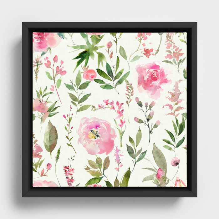 English Pink Flower Garden Framed Canvas