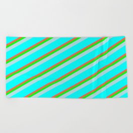 [ Thumbnail: Red, Lime, Powder Blue & Cyan Colored Lined/Striped Pattern Beach Towel ]