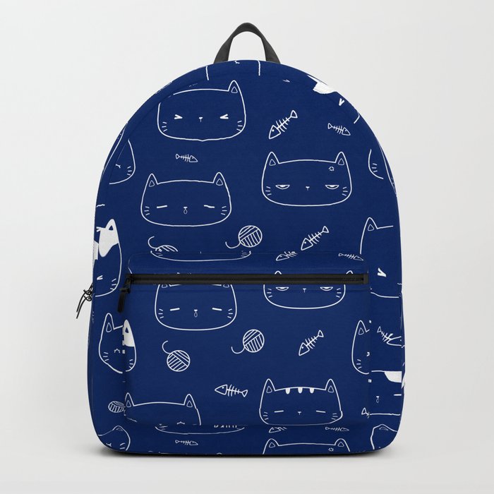 Blue and White Doodle Kitten Faces Pattern Backpack