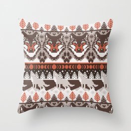 Fair isle knitting grey wolf // oak and taupe brown wolves orange moons and pine trees Throw Pillow