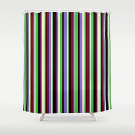 [ Thumbnail: Colorful Lime Green, Beige, Medium Slate Blue, Dark Red & Black Colored Stripes Pattern Shower Curtain ]