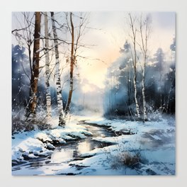 Watercolor Forest Creek in Winter Paradise Canvas Print