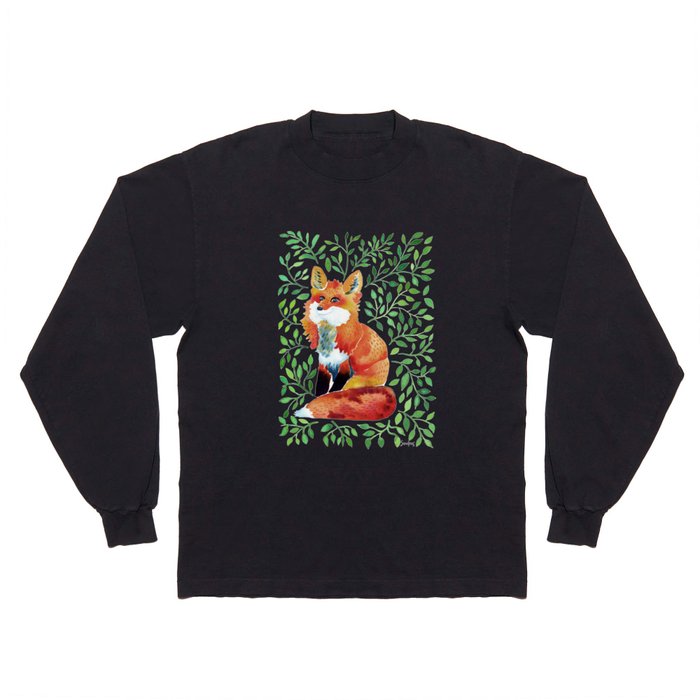 Fox watercolor with green foliage Long Sleeve T Shirt