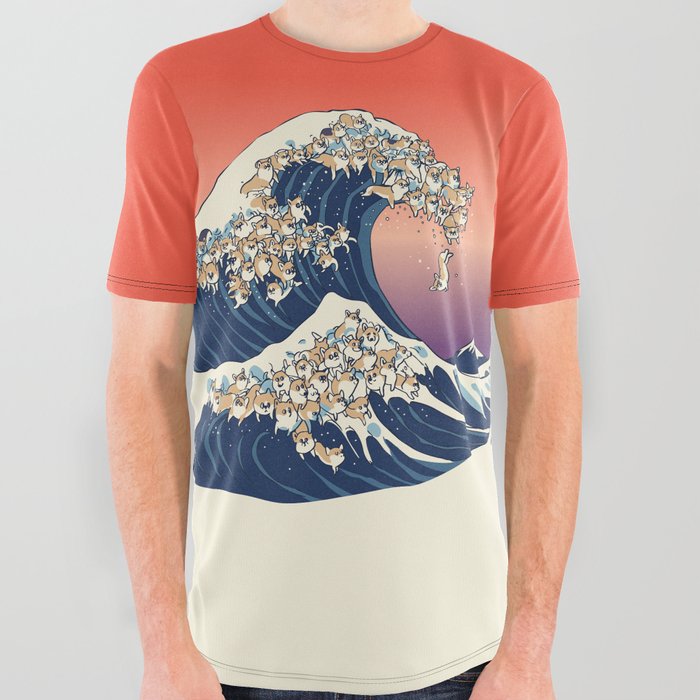 The Great Wave of Corgis All Over Graphic Tee
