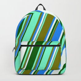 [ Thumbnail: Aquamarine, Green, Blue, Mint Cream, and Dark Green Colored Lined/Striped Pattern Backpack ]