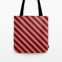 [ Thumbnail: Light Coral, Dim Grey & Maroon Colored Pattern of Stripes Tote Bag ]