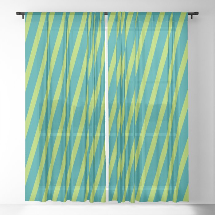 Green & Dark Cyan Colored Striped Pattern Sheer Curtain