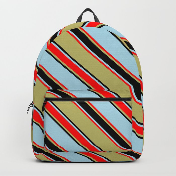 Dark Khaki, Black, Light Blue & Red Colored Pattern of Stripes Backpack