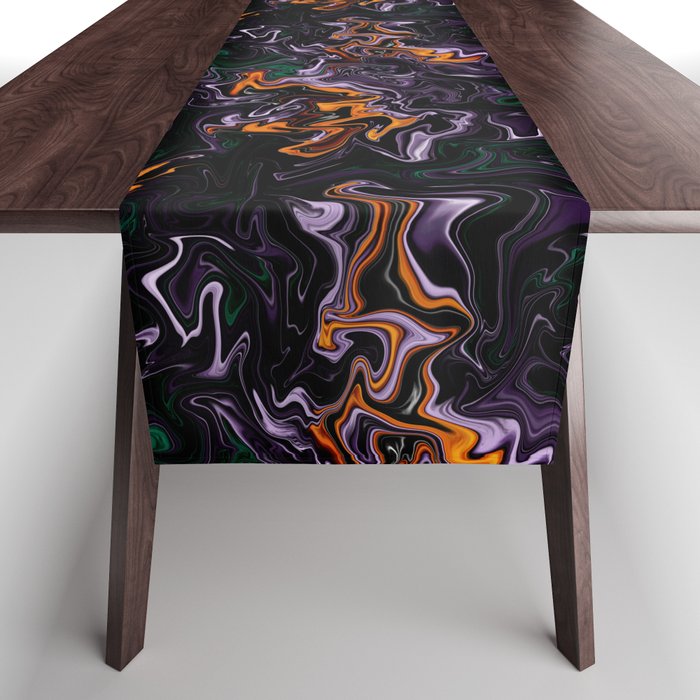 Dark purple and orange squiggles abstract art Table Runner