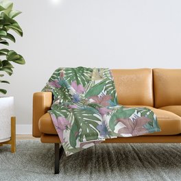 Tropical green pink lilac blue floral illustration Throw Blanket