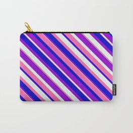 [ Thumbnail: Dark Violet, Mint Cream, Hot Pink, and Blue Colored Stripes/Lines Pattern Carry-All Pouch ]