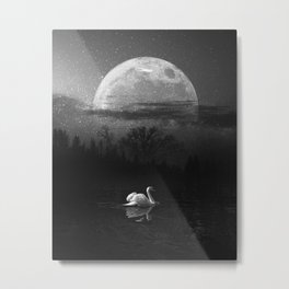 Lonely Swan in the Lake Black & White Metal Print