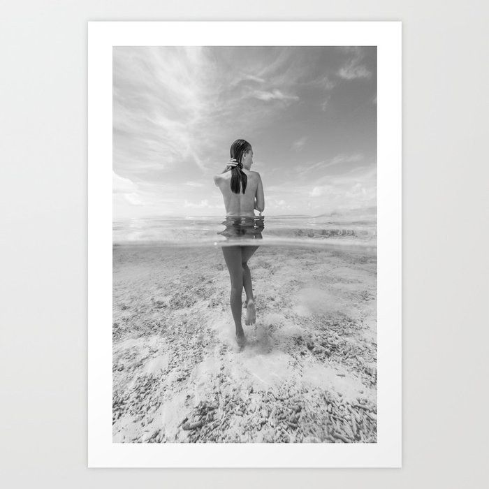 South Pacific Aquamarine Seas Maldives female nude walking in ocean black and white photograph - photography - photographs wall decor Art Print