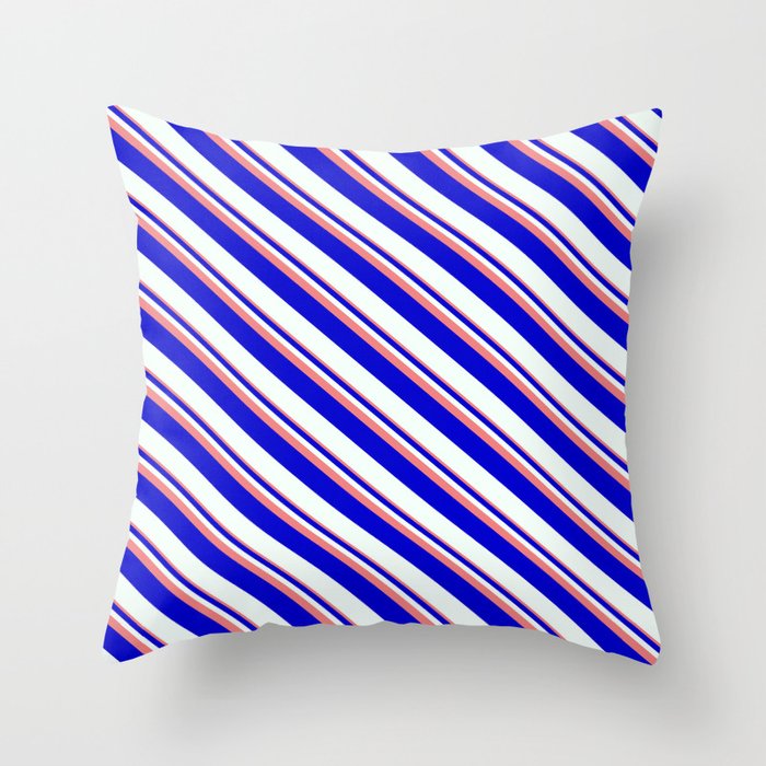 Light Coral, Blue, and Mint Cream Colored Striped Pattern Throw Pillow