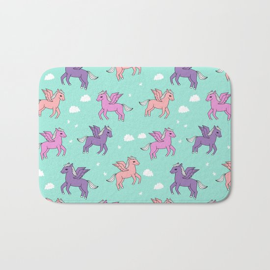 Pegasus pattern drawing cute kids neon print clouds unicorns by andrea lauren Bath Mat