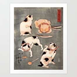 Four Cats in Different Poses Vintage Illustration by Kuniyoshi Utagawa 1852 Gray Ukiyo-e Natural Art Print
