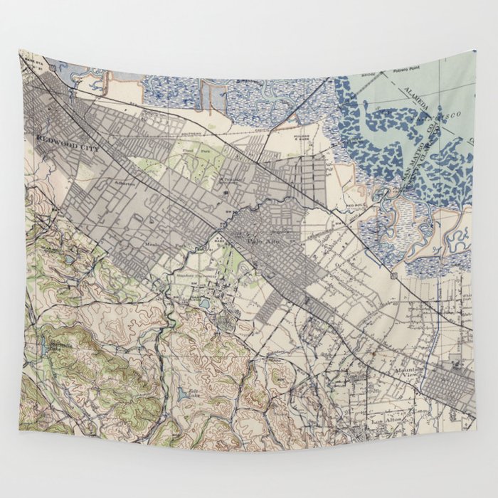 Old Map of Palo Alto & Silicon Valley CA (1943) Wall Tapestry by 