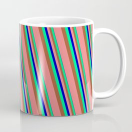 [ Thumbnail: Blue, Green, Sienna & Light Coral Colored Striped/Lined Pattern Coffee Mug ]