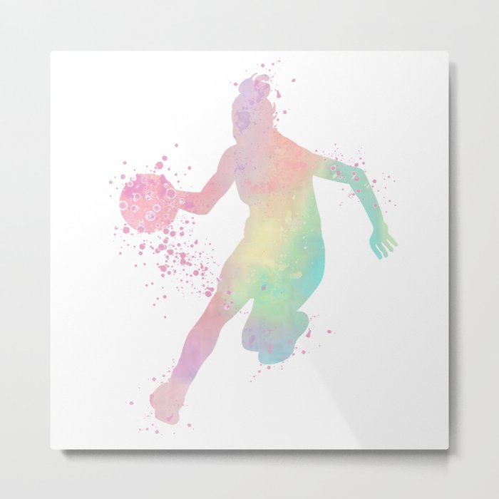 Girl Basketball Player Colorful Ombre Watercolor Silhouette Metal Print