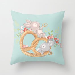 Two bunnies on a pretzel Throw Pillow