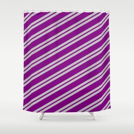 [ Thumbnail: Grey and Purple Colored Lined Pattern Shower Curtain ]