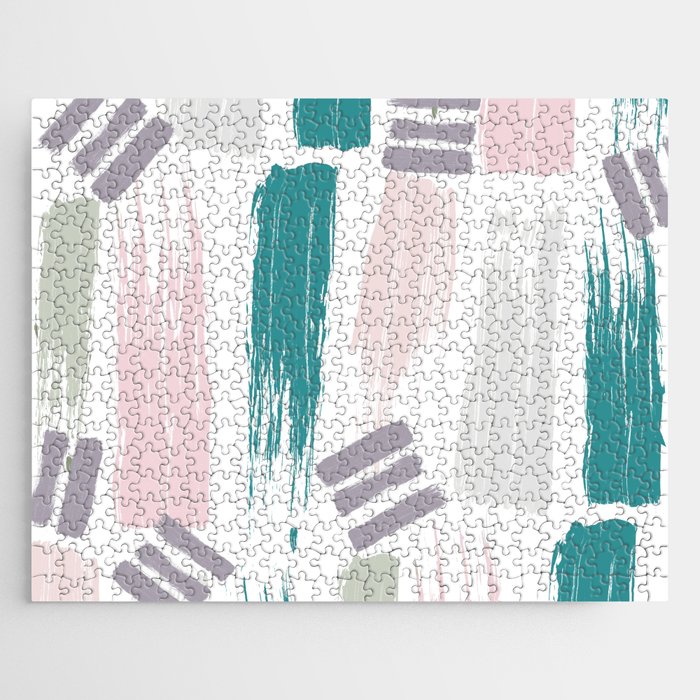 Abstract pink turquoise gray acrylic paint brushstrokes Jigsaw Puzzle