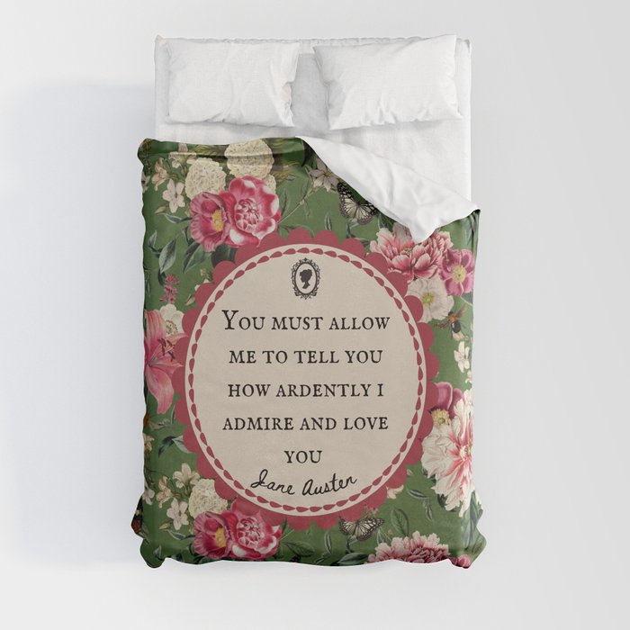 You Must Allow Me to Tell You Austen Quote, Romantic Literary Pride and Prejudice Vintage Floral Quote Duvet Cover