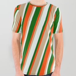 [ Thumbnail: Tan, Mint Cream, Dark Green & Red Colored Stripes Pattern All Over Graphic Tee ]