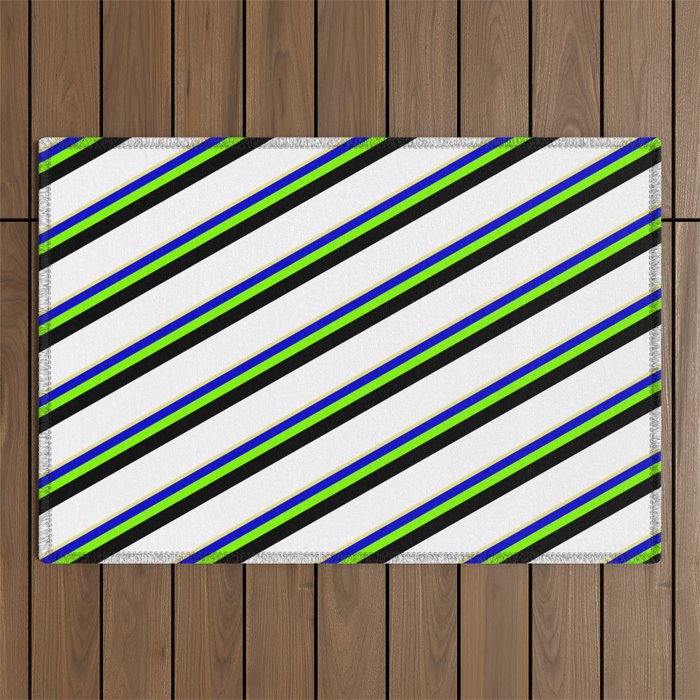 Eyecatching Tan, Blue, Chartreuse, Black & White Colored Lines/Stripes Pattern Outdoor Rug