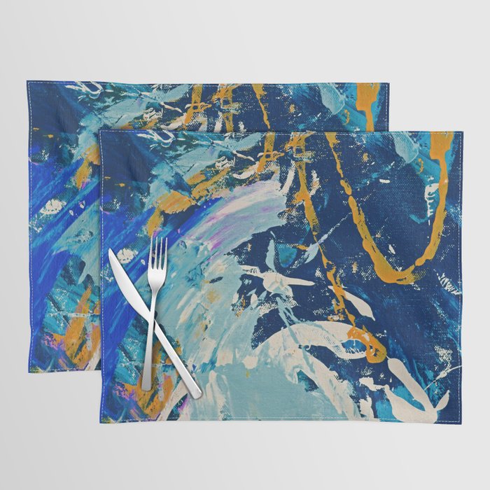 Katie: An expressive abstract piece in blue, orange, and white by Alyssa Hamilton Art - Canvas Texture Visible Placemat