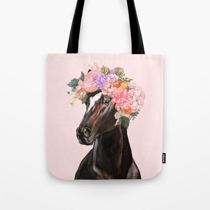 Horse with Flowers Crown in Pink Tote Bag