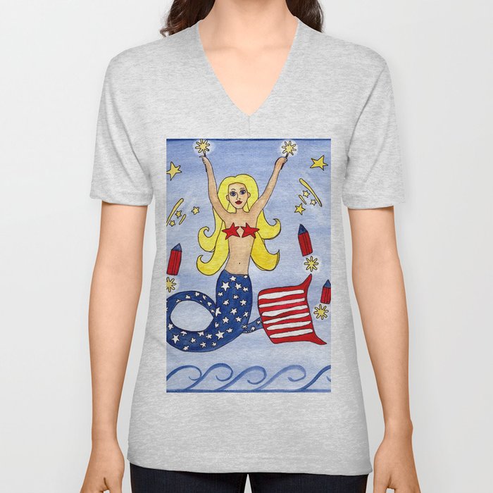Firecracker Mermaid by Laurie Leigh Happy 4th of July America! V Neck T Shirt