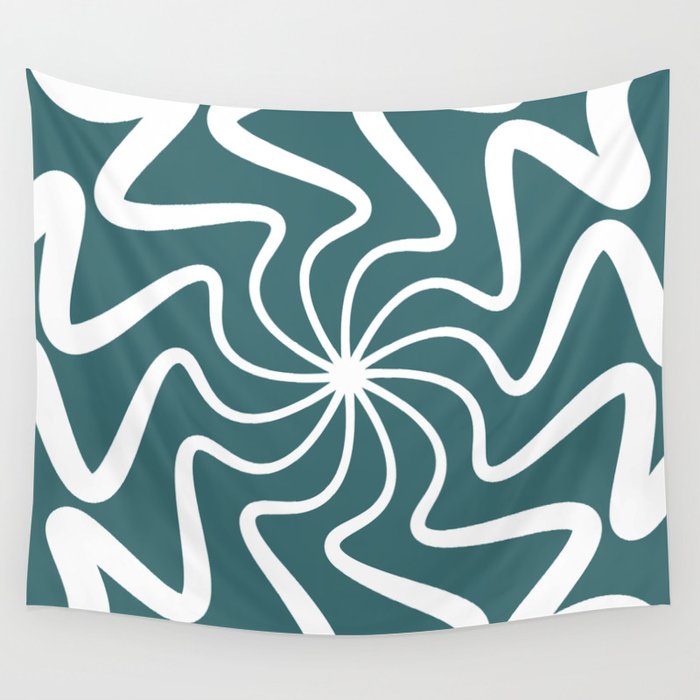 Mid Century Abstract Liquid Lines Pattern - Ming and White Wall Tapestry