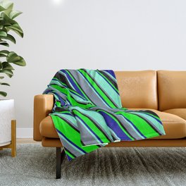 [ Thumbnail: Colorful Black, Lime, Dark Blue, Aquamarine, and Light Slate Gray Colored Lined Pattern Throw Blanket ]