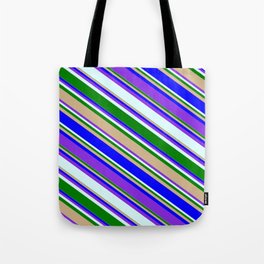 [ Thumbnail: Colorful Green, Tan, Blue, Purple, and Light Cyan Colored Striped/Lined Pattern Tote Bag ]