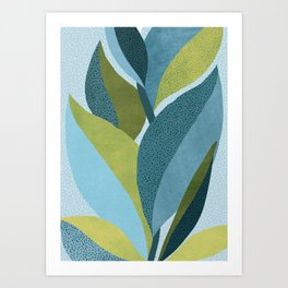 Abstract Maximal Flora in French Blue and Olive Art Print