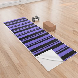 [ Thumbnail: Black & Medium Slate Blue Colored Lines Pattern Yoga Towel ]
