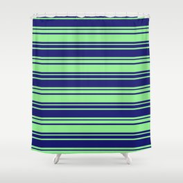 [ Thumbnail: Midnight Blue and Light Green Colored Striped/Lined Pattern Shower Curtain ]