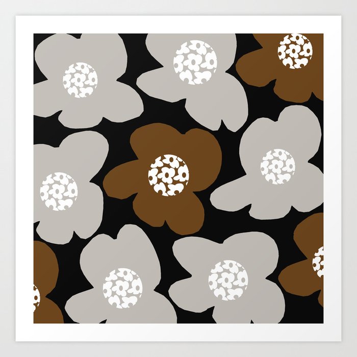 Large Retro Flowers Brown Grey Petals White Floral Center Black Background #decor #society6 #buyart Art Print