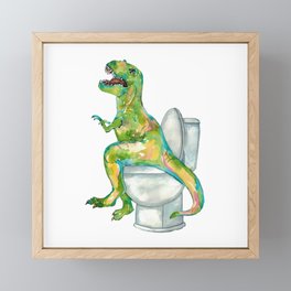 T-rex in the bathroom dinosaur painting Framed Mini Art Print