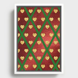Gold Hearts on a Red Shiny Background with Green Crisscross Lines  Framed Canvas