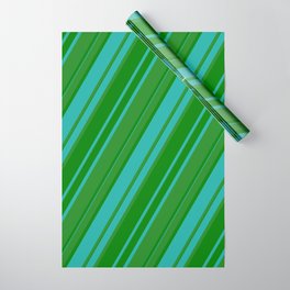 [ Thumbnail: Forest Green, Green & Light Sea Green Colored Pattern of Stripes Wrapping Paper ]
