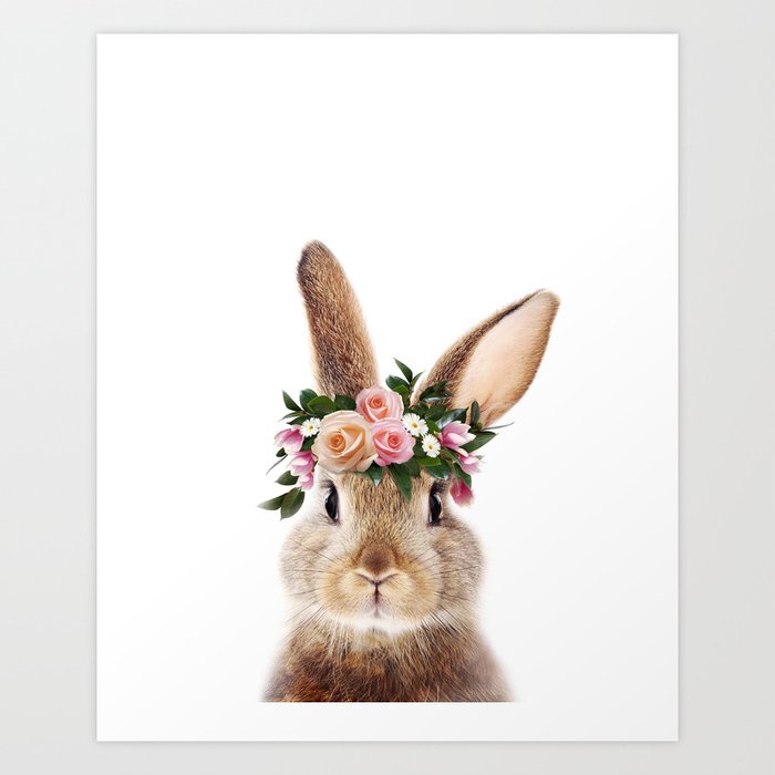 Baby Rabbit, Brown Bunny with Flower Crown, Baby Animals Art Print by