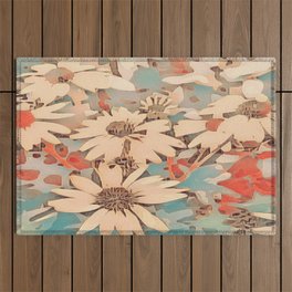 Abstract Beige Daisies Landscape on Sky Blue Twilight Outdoor Rug