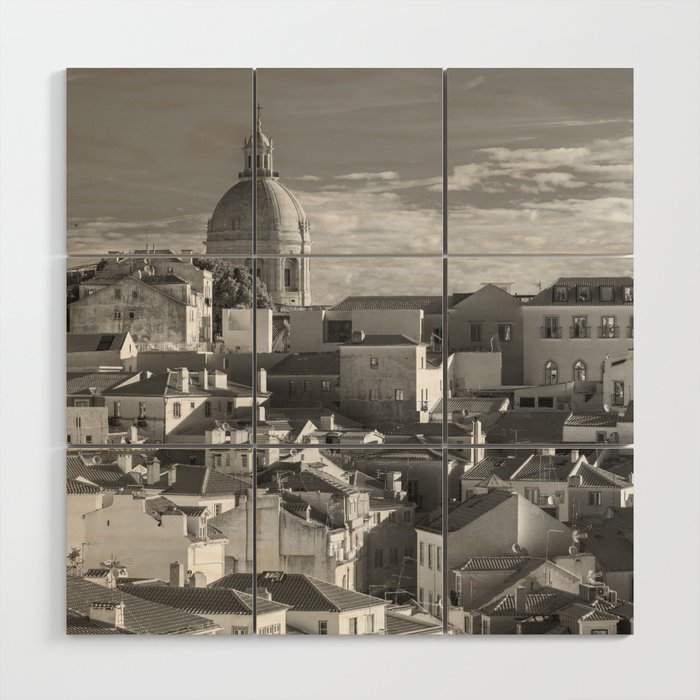 Vintage black and white view of Alfama, Lisbon, Portugal art print - summer travel photography Wood Wall Art