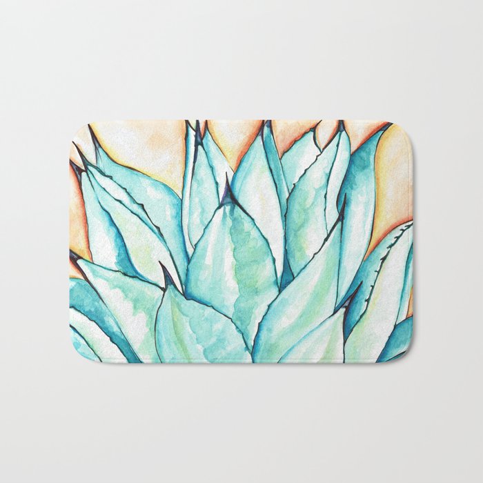 Blue Green Agave Cactus Watercolor, Pen and Ink Original Art Bath Mat