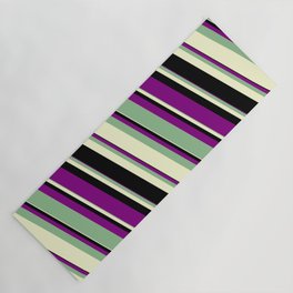 [ Thumbnail: Purple, Dark Sea Green, Light Yellow & Black Colored Lines/Stripes Pattern Yoga Mat ]