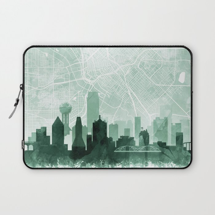 Dallas Skyline & Map Watercolor Sage Green by Zouzounio Art Laptop Sleeve